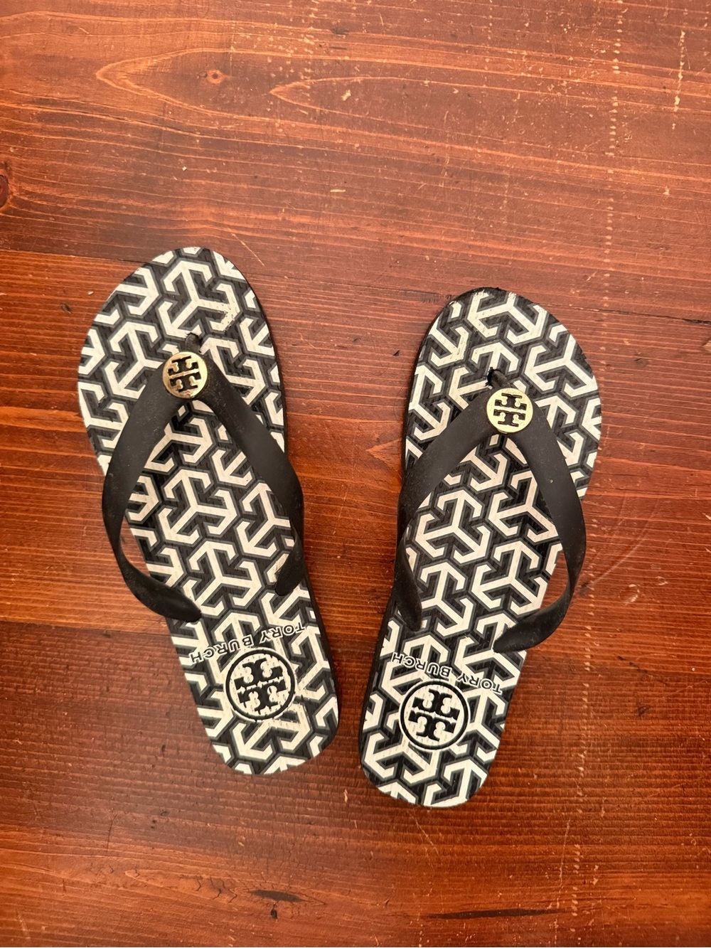 Tory Burch Black and White Geometric Logo Flip Flops